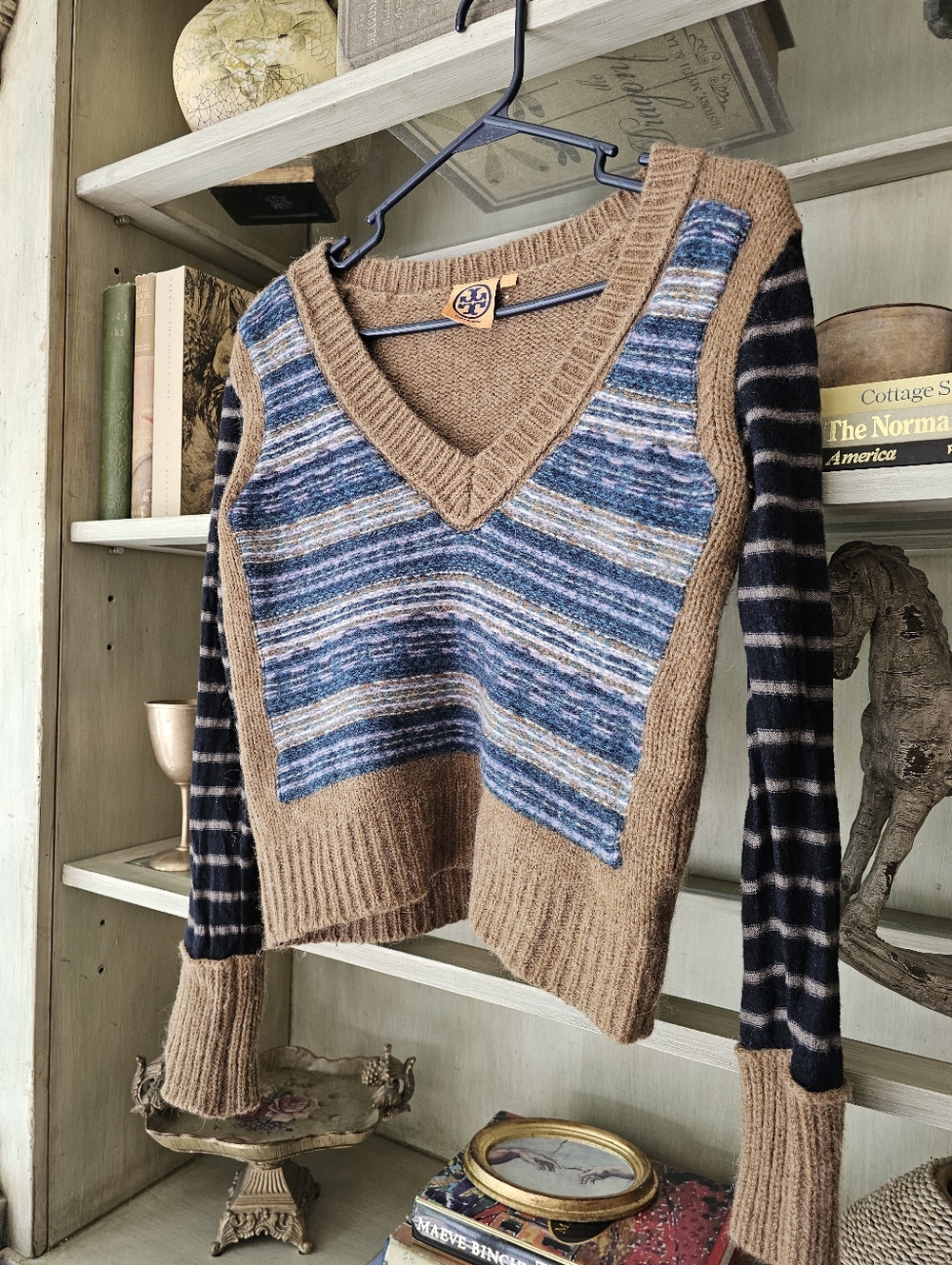 Tory Burch Alpaca Wool Blend V Neck Striped Fair Isle Sweater Small - Picture 6 of 13